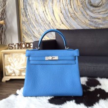 Hermes Kelly 28cm Taurillon Clemence Calfskin Bag Handstitched Palladium Hardware, Blue Paradise 2T RS06618