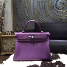 Hermes Kelly 28cm Taurillon Clemence Calfskin Bag Handstitched Palladium Hardware, Ultraviolet 5L RS03250