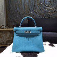 Hermes Kelly 28cm Togo Calfskin Original Leather Bag Handstitched Palladium Hardware, Blue Paradise 7B RS08605