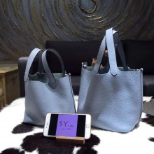 Hermes Picotin Lock Bag 18cm/22cm Taurillon Clemence Palladium Hardware Hand Stitched, Bleu Lin CKJ7 RS00734