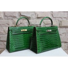 Hermes Shiny Alligator Crocodile Kelly 28cm Sellier Rigide Gold Hardware Handstitched, Pelouse 6G RS19486