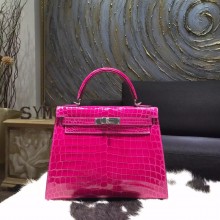 Imitation VIP Hermes Shiny Alligator Crocodile Kelly 28cm Sellier Rigide Bag Palladium Hardware Handstitched, Rose Scheherazade J5 RS01678