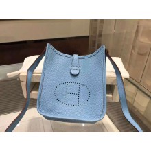 Luxury Hermes Evelyne Mini TPM Taurillon Clemence Palladium Hardware Handstitched High Quality, Bleu Lin CKJ7 RS04667