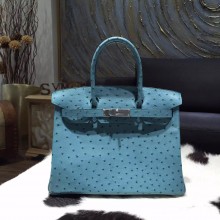 Replica Hermes Autruche Ostrich Birkin 30cm Bag Handstitched Palladium Hardware, Cobalt 7C RS03882