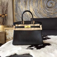 Replica Hermes Birkin 25cm Autruche Ostrich Bag Gold Hardware Handstitched, Noir CK89 RS03889