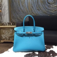 Replica Hermes Birkin 30cm Togo Calfskin Original Leather Bag Handstitched Palladium Hardware, Turquoise Blue 7B RS00983