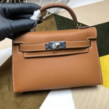 High Imitation Hermes Kelly Mini II In Original leather 20cm Silver Hardware Wine Brown Bag RS26231