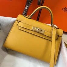 Replica Hermes Kelly Mini II Bag In Original leather 20cm Silver Hardware Yellow Bag RS26218