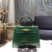 Designer VIP Hermes Shiny Alligator Crocodile Kelly 28cm Sellier Rigide Bag Gold Hardware Handstitched, Vert Fonce CK67 RS08257