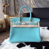 Hermes Birkin 30cm/35cm Togo Calfskin Bag Handstitched Palladium Hardware Q Stamp, Blue Atoll 3P RS00355