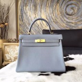 Hermes Kelly 28cm/32cm Taurillon Clemence Bag Handstitched Palladium/Gold Hardware, Blue Lin J7 RS07283