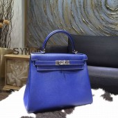 Hermes Kelly 28cm Epsom Calfskin Original Leather Bag Handstitched Palladium Hardware, Blue Electric 7T with Mykonos 7Q Interior and White Stitching RS04848