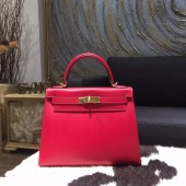 Hermes Kelly 28cm Tedelakt Calfskin Leather Bag Handstitched Gold Hardware, Ruby B5 RS16095