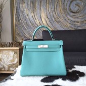 Hermes Kelly 28cm Togo Calfskin Leather Bag Handstitched, Blue Atoll 3P RS10405