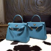 Hermes Kelly 28cm Togo Calfskin Original Leather Bag Handstitched, Blue Turquoise 7B RS03708