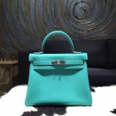 Hermes Kelly 28cm Togo Calfskin Original Leather Bag Handstitched Palladium Hardware, Lagon 7V RS09165