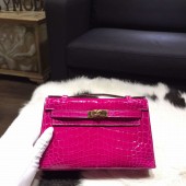 Hermes Mini Kelly Pochette 22cm Shiny Alligator Gold Hardware Handstitched, Rose Scheherazade J5 RS05992