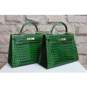 Hermes Shiny Alligator Crocodile Kelly 28cm Sellier Rigide Gold Hardware Handstitched, Pelouse 6G RS19486