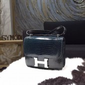 Replica Hermes Constance 18cm Shiny Alligator Crocodile Original Leather Fully Handstitched Palladium Hardware, Blue Roy 7A RS21183