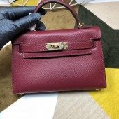 High Imitation Hermes Kelly Mini II In Original leather 20cm Golden Hardware Wine Red Bag RS26230